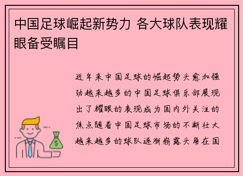 中国足球崛起新势力 各大球队表现耀眼备受瞩目