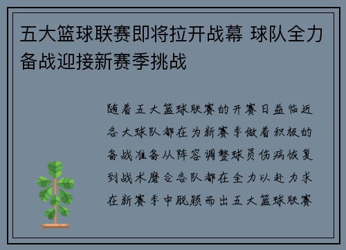 五大篮球联赛即将拉开战幕 球队全力备战迎接新赛季挑战