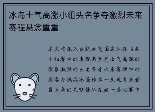 冰岛士气高涨小组头名争夺激烈未来赛程悬念重重