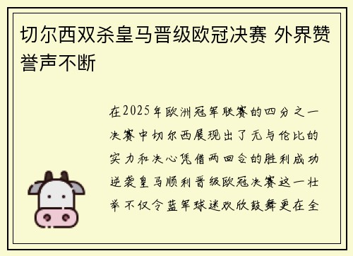 切尔西双杀皇马晋级欧冠决赛 外界赞誉声不断