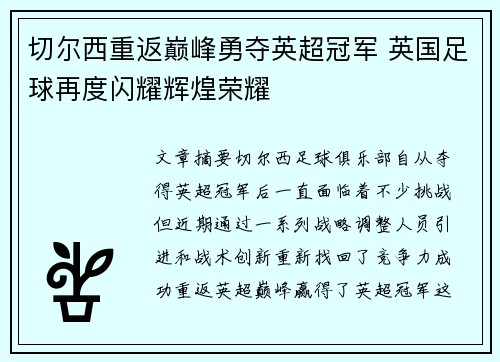 切尔西重返巅峰勇夺英超冠军 英国足球再度闪耀辉煌荣耀