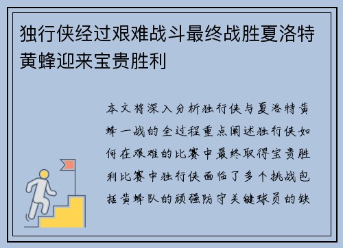 独行侠经过艰难战斗最终战胜夏洛特黄蜂迎来宝贵胜利