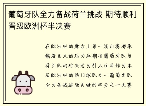葡萄牙队全力备战荷兰挑战 期待顺利晋级欧洲杯半决赛